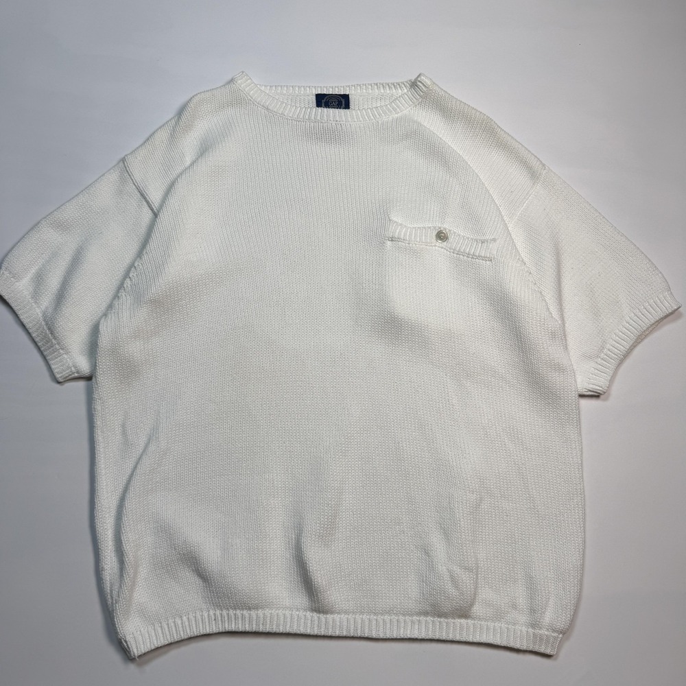 Vintage Gap Sweater Mens Large White Cotton Short Sleeve Crewneck Pocket Knit
